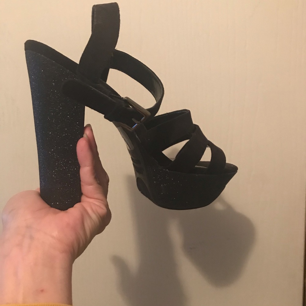 Black velvet/glitter strappy heels
